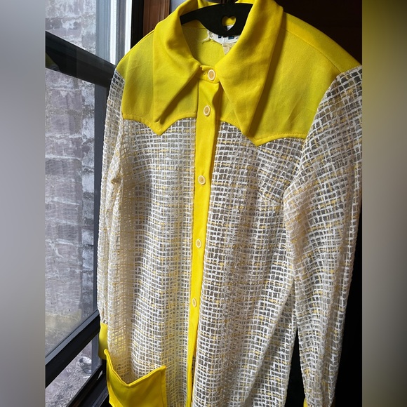 70s sheer yellow and white dagger collar long sleeve button down by H2O Miami Sm - Picture 9 of 9